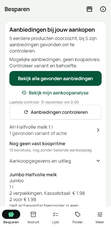 Besparen na het inlezen van een bon: bij vijf eerdere producten zijn aanbiedingen gevonden om te controleren