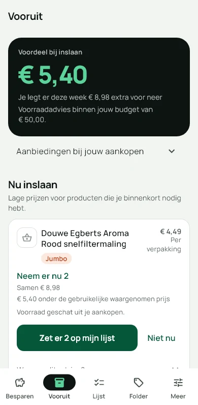 Vooruit: neem er nu 2, samen € 8,98, met de knoppen Zet er 2 op mijn lijst en Niet nu